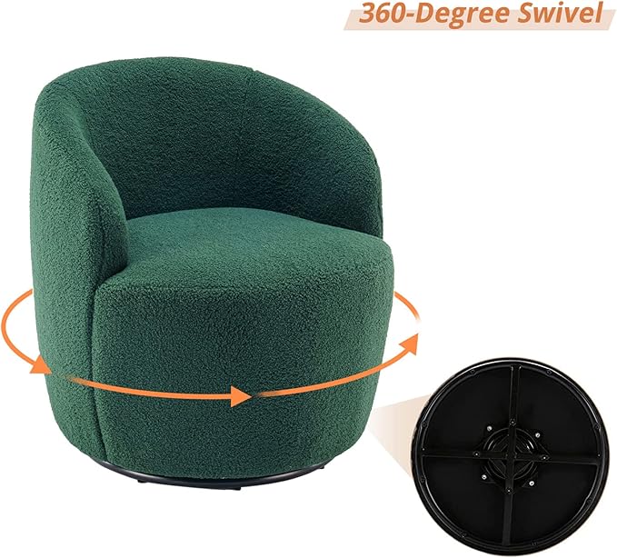 KIVENJAJA Swivel Barrel Chair Teddy Sherpa Upholstered Modern Round Accent Arm Chairs Boucle 360 Degree Swivel Small Single Sofa Armchair for Nursery Living Room Bedroom (Teddy Green)