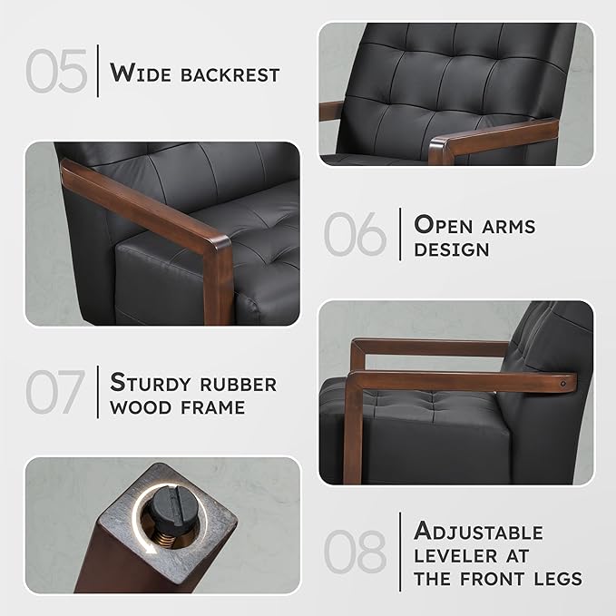 Lexicon Modern Accent Chair Luxury Genuine Leather Match Living Room Chair with Tufted Cushions Solid Wood Frame and Arm Rest Comfy Upholstered Single Seat for Bedroom/Reading/Office Black