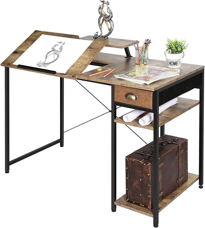 X-cosrack Drafting Table with Storage Shelves &amp Drawer 43 Adjustable Art Desk with Monitor Stand for Home Office Computer Tiltable Draft Drawing Table for Artist Study Writing Workstation