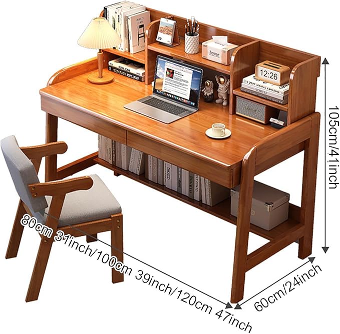 Solitar Soild Wood Computer Desk with HutchHome Office Desk Study Writing Desk with Shelves for Small SpaceSpace Saving PC Work Desk for Bedroom &amp Apartment(80x60x105cm(31x24x41in) Yellow)
