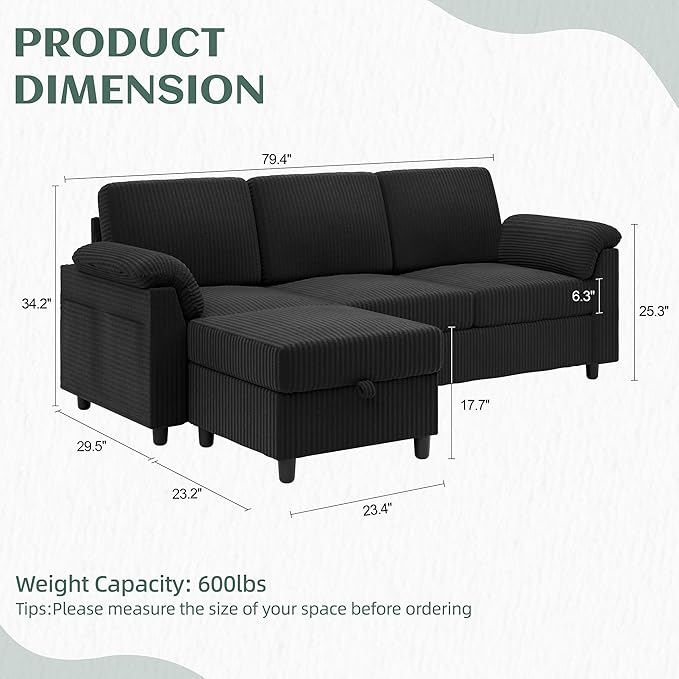 Vongrasig Convertible Sectional Couches 3 Seat L Shaped Couch Sofa with Removable Pillows Soft Corduroy Fabric Small Couch Mid Century for Living Room Apartment and Office Black