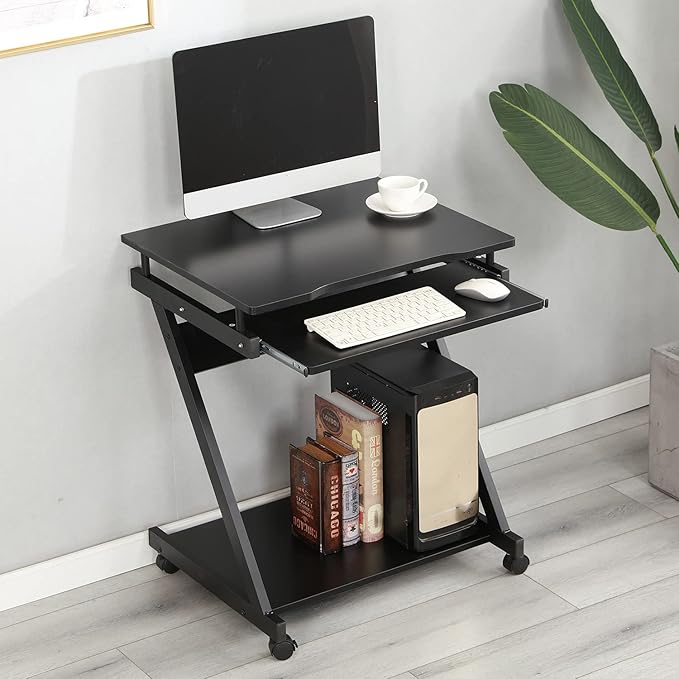sogesfurniture Small Computer Desk on Wheels Mobile Computer Desk Small Rolling Work Workstation with Printer Shelf and Keyboard Space Computer Workstation for Home and OfficeBlack