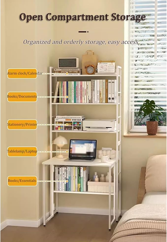 2-in-1 Bookshelf Desk Combo Folding Desk with Storage Shelf 5 Tier Bookshelf with Foldable Table White Carbon Steel Storage Rack with Wood Writing Desks for Home Office (23.6″)