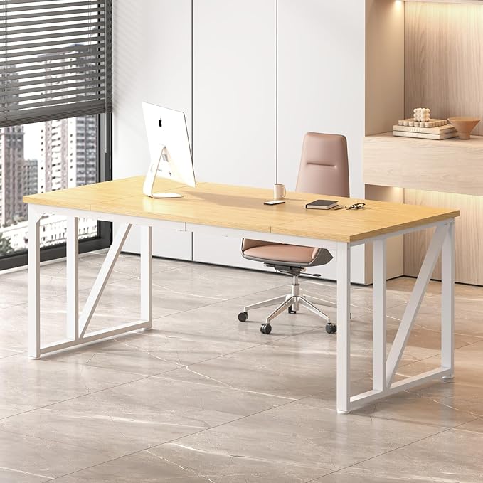 70 Computer Desks Large Wooden Home Office Desk with Thicker Tabletop and Metal Frame Writing Work Computer Study Table Desk for Home and Office Easy Assembly (Natural + White Metal Frame)