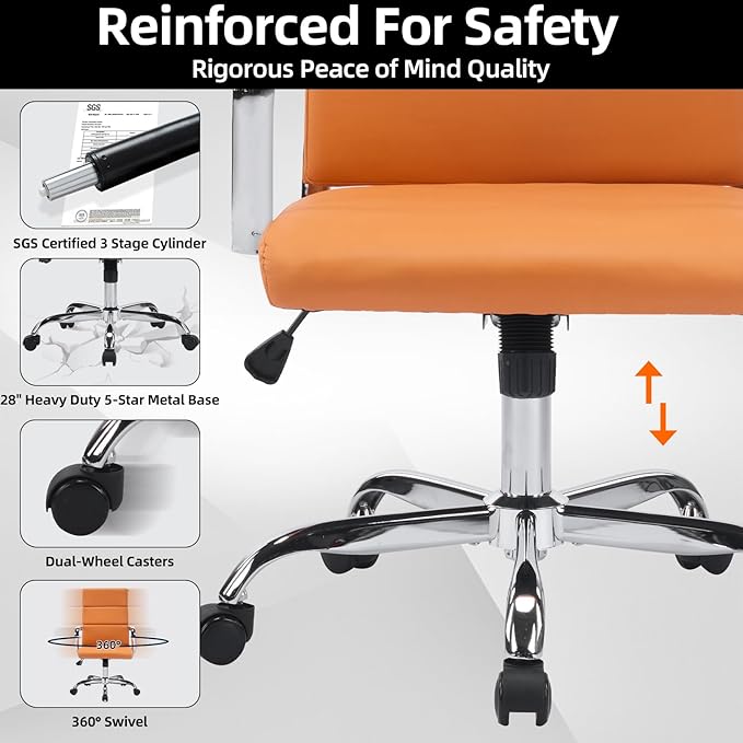 Office Chair Ergonomic Adjustable Desk Chair Mid Back Executive Comfortable Leather Lumbar Support Home Computer Chair with Padded Seat Swivel Wheels