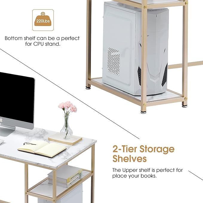 ivinta Computer Desk Home Office Desk with Storage Shelves for Living Room Bedroom Office Whale-ML55 (White and Gold 55)