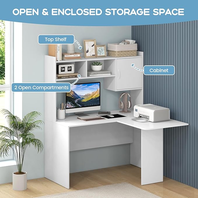 Tangkula L-Shaped Desk with Storage Hutch Corner Computer Desk with Shelves &amp Cabinet Modern Writing Study Table for Home Office Laptop PC Workstation White