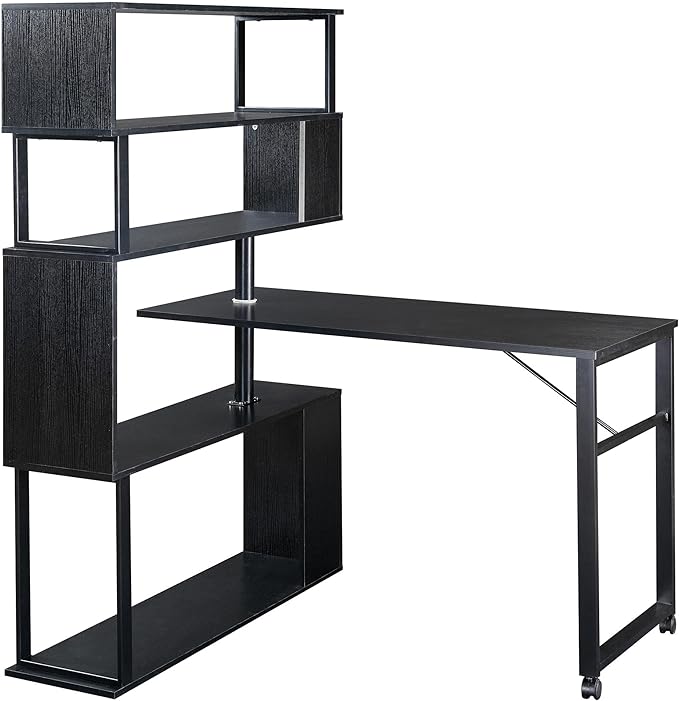 Vinsetto L-Shaped Home Office Computer Desk with Rotating Corner Table 5-Tier Bookshelf Lockable Casters Four Installation Methods 47.2 x 39.9 x 60.2 Black