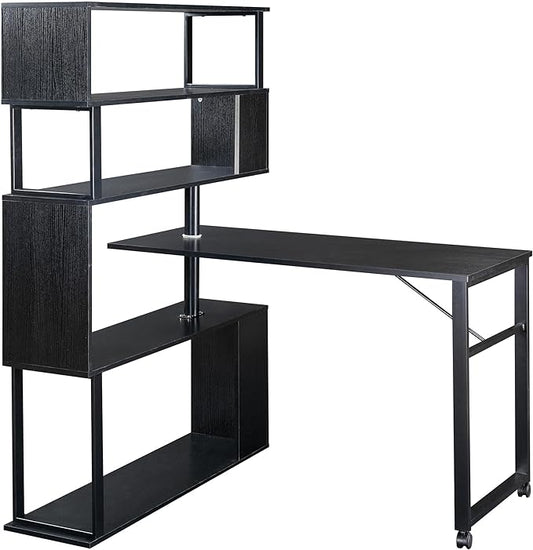 Vinsetto L-Shaped Home Office Computer Desk with Rotating Corner Table 5-Tier Bookshelf Lockable Casters Four Installation Methods 47.2 x 39.9 x 60.2 Black