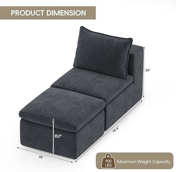 65.6 Chaise Lounge Chair Indoor Boneless Upholstered Sofa Bed Corduroy Comfy Sleeper Chair for Living Room and Bedroom Pebble Grey