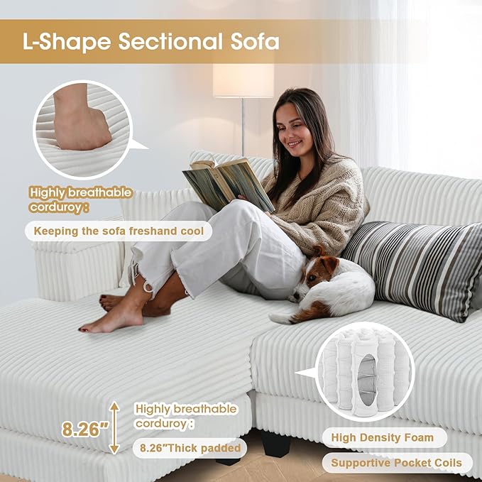 114.5” Corduroy Sectional Couch with 2 Pillows with Reversible Chaise Oversized Sofa L Shaped Couch with Two Armrests Hidden Storage Space Sectional Couches for Living Room Whtie