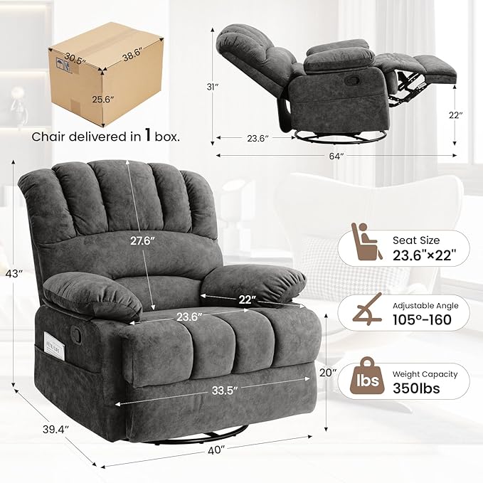 Oversized Swivel Rocker Recliner Chair with Large Footrest &amp High Back- 360° Rotation &amp Gentle Rocking for Living Room Nursery350lbs CapacityTool-Free Assembly(Gray)