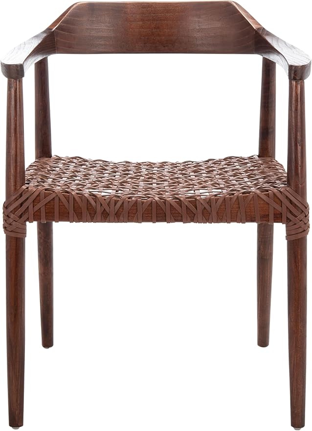 SAFAVIEH Home Collection Munro Walnut Sungkai Wood/Cognac Leather Woven Accent Chair (Fully Assembled)
