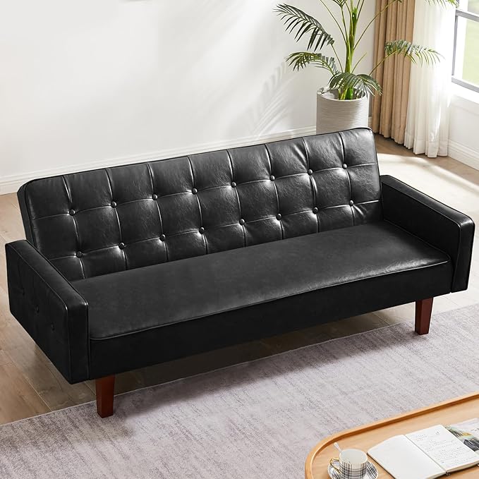 Faux Leather Couch Mid Century Modern Sofa with Memory Foam Comfy 3 Seater Couch for Small Spaces Living Room Office Black