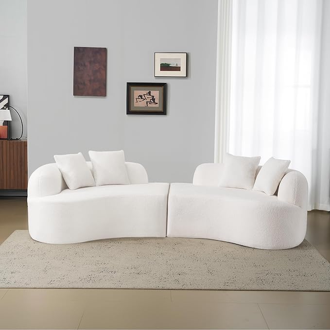 106.7 Curved Loveseat Sofa for Small Spaces - Plush Teddy Fleece Fabric Modern Love Seat with Pocket Springs &amp Memory Foam Boneless Floor Couch Set Living Room Studio 38.6 Extra Deep Seat (Whi