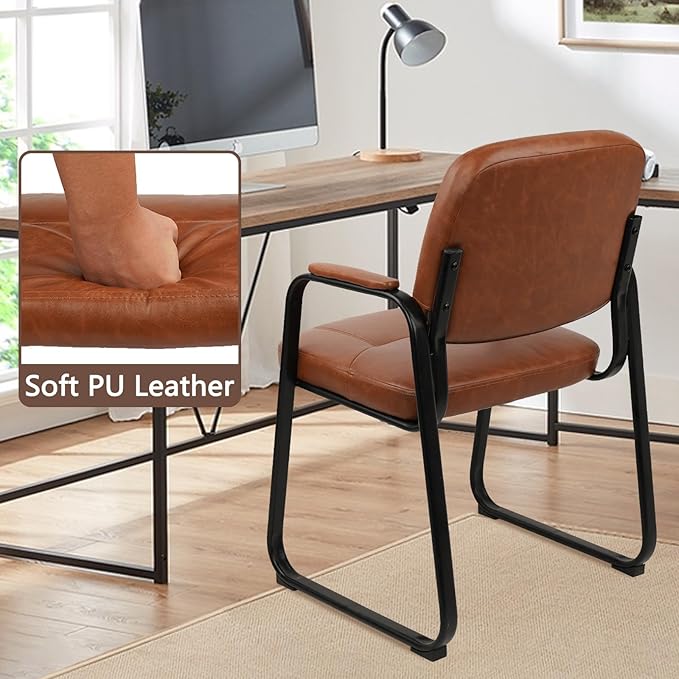 CLATINA Waiting Room Guest Chair with Bonded Leather Padded Arm Rest for Office Reception and Conference Desk Black with Sled Base Brown 1 Pack