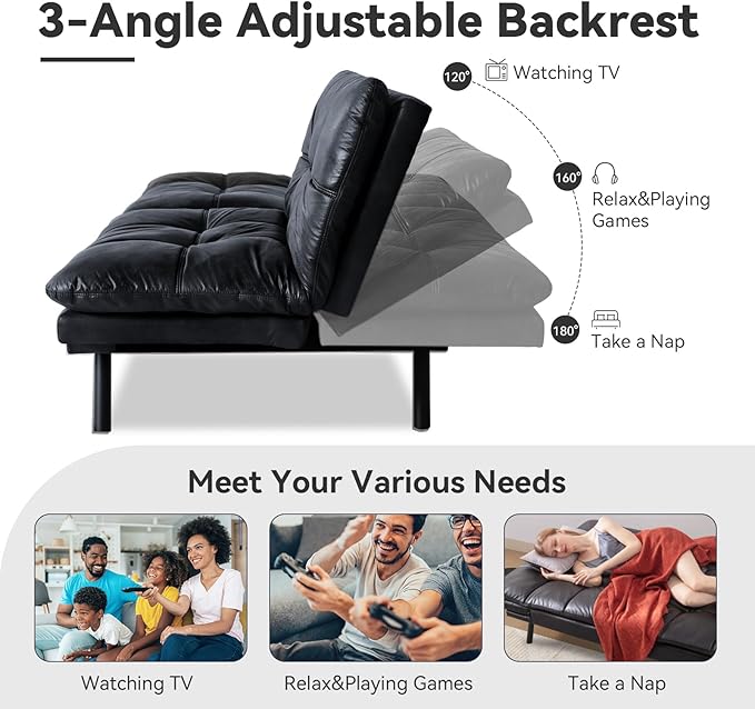 Black Faux Leather Futon Sofa Bed Memory Foam Futon Couch with Convertible Backrests &amp Armrests Small Splitback Loveseat Sofa for Living Room Home Office Apartment