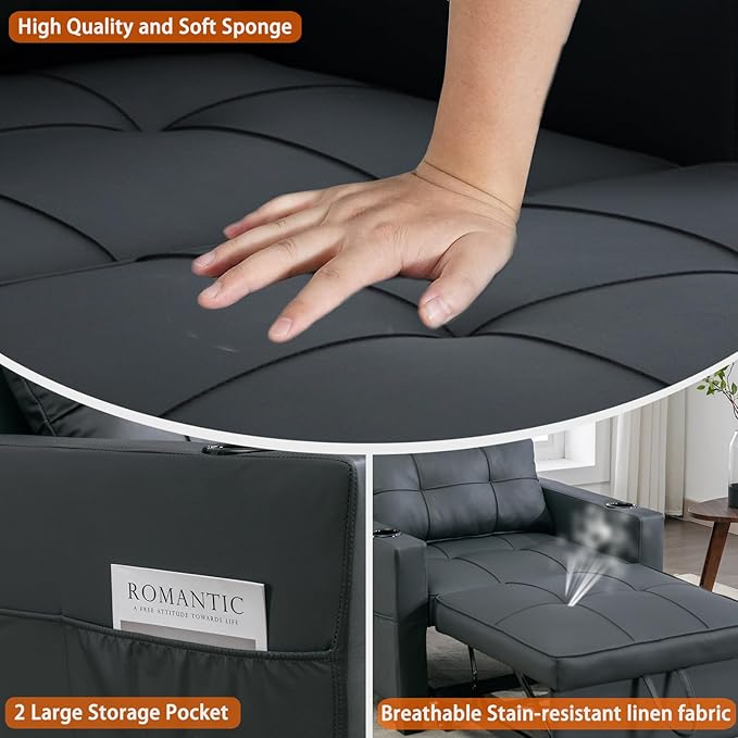 Modern Convertible Sleeper Sofa Bed 3-in-1 Adjustable Futon Couch with Storage &amp Removable Armrests for Apartment Studio Office Small Spaces (Black)