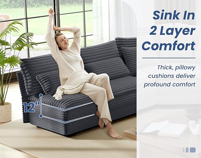 5-Seater Sectional Couch 102 L-Shaped Corner Sofa Oversized Corduroy Cloud Couch with 2-Layer Cushions for Living Room Aparment (Darkgray)