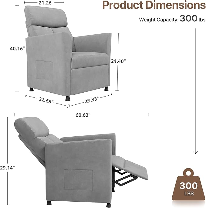 Claiks Power Recliner Chair for Adults Adjustable Reclining Chair Comfortable Recliner Couch with Side Pockets&ampWire Remote Control for Living Room Home Theater Bedroom Linen Fabric Light Gr