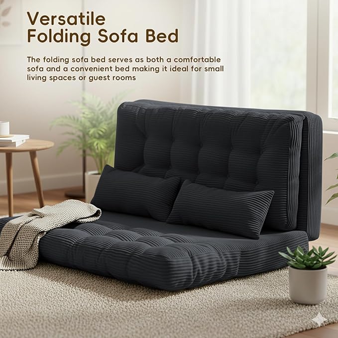Convertible Sofa Bed 54x91 Inch Thick Tufted Folding Sofa Bed with 2 Pillows Folding Floor Loveseat Sleeper Couch Mattress for Small Spaces Living Room Bedroom and Adults Gray