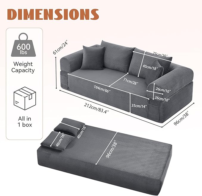83 Sofa in a Box 3 Seater Couch No Assembly Boneless Sofa Bed with Cushion Back 2 Pillows Deep Seat Corduroy Fabric Side Storage Pockets for Living Room Bedroom Apartment Office Deep Grey