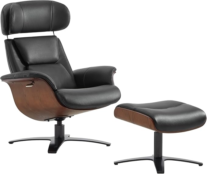 CHITA Genuine Leather Reclining Swivel Chair with Adjustable Headrest and Ottoman for Living Room Black