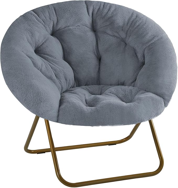 HealSmart Saucer Chair Comfy Faux Fur Folding Moon Chair with Metal Frame Cozy Round Chair Lounge Lazy Chair for Living Room Bedroom Adults Kids Teens Grey