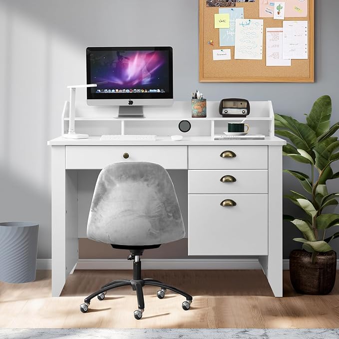 Catrimown Computer Desk with Drawers and Hutch 47 Inch Home Office Desk with File Drawers Student Girls Desks Teens Writing Table with Hutch Small Desk with Drawer for Bedroom White