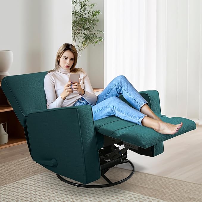 Swivel Rocker Recliner Chair for Adults High Back Fabric Recliner with Deep Seat Manual Glider for Living Room &amp Nursery Green