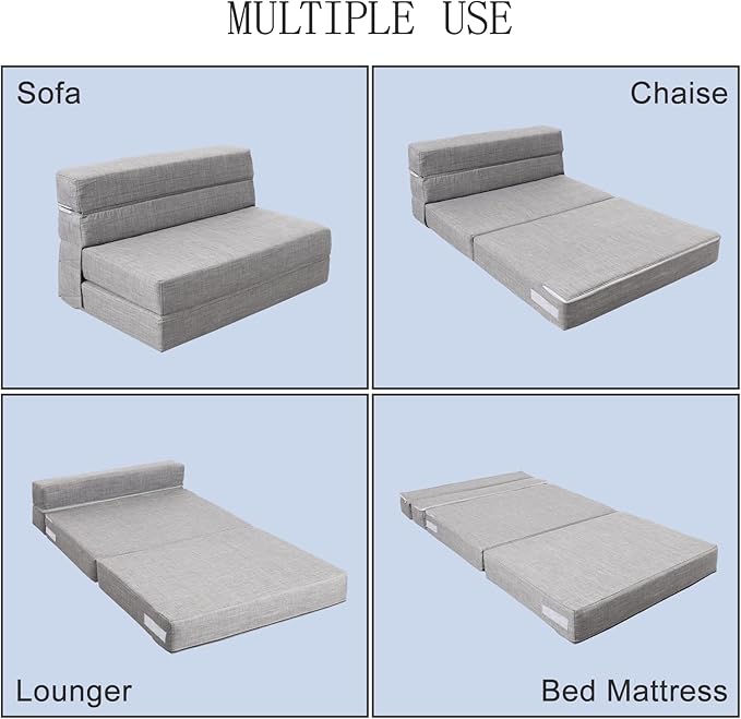 ANONER 60 Folding Sleeper Chair Sofa Bed Lazy Couch with 2 Pillows Queen Size Memory Foam Washable Cover Light Gray