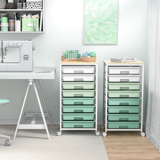 Rolling Storage Utility Cart Organizers with 8 Drawers and Wooden Tabletop for Living RoomOfficeClassroomCraft RoomBedroomDormGreen