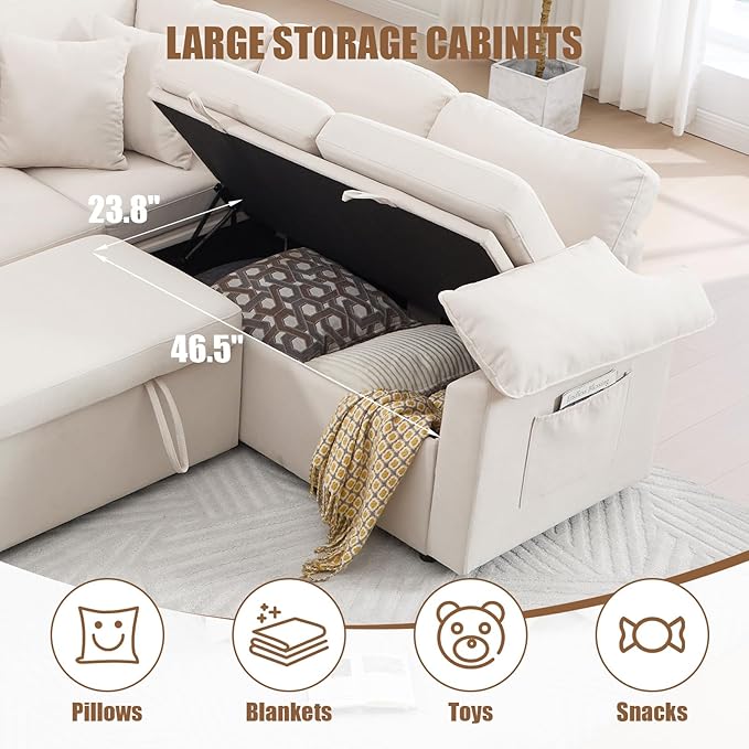 85 Modular Sectional Sofa with Pull Out Bed L Shaped Couch with Storage 5-Seater Sleeper Sofa Sectional Couches for Living Room Cloud Modular Couch with Removable Sofa Cover