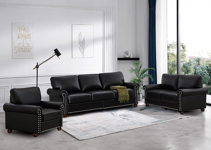 3 Piece Faux Leather Sofa SetMid Century Modern Couch and Loveseat Sets with StorageComfy Deep Seat Sofa with Nailhead Trim &amp Rolled Arm for Living RoomOffice(Armchair+Loveseat+3 SeaterBlack)