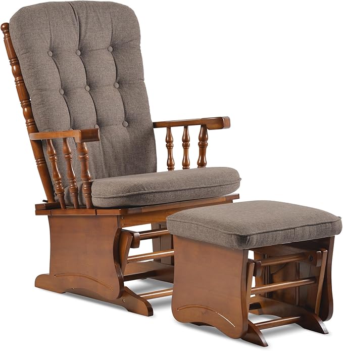 Anti-Pinch Solid Wood Hand Glider Rocking Chair Set with Ottoman Padded Cushion Rustic Rubber Wood Nursery Glider for Nursing Relaxing Living Room Bedroom Oak Colored