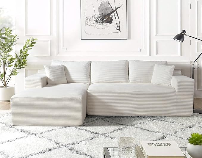 Ridge 2-Piece Convertible Corduroy L-Shaped Sofa in a Box with Pillows 3-Seater Modular Sectional Couch Compressed Living Room Furniture Beige (Left Facing)