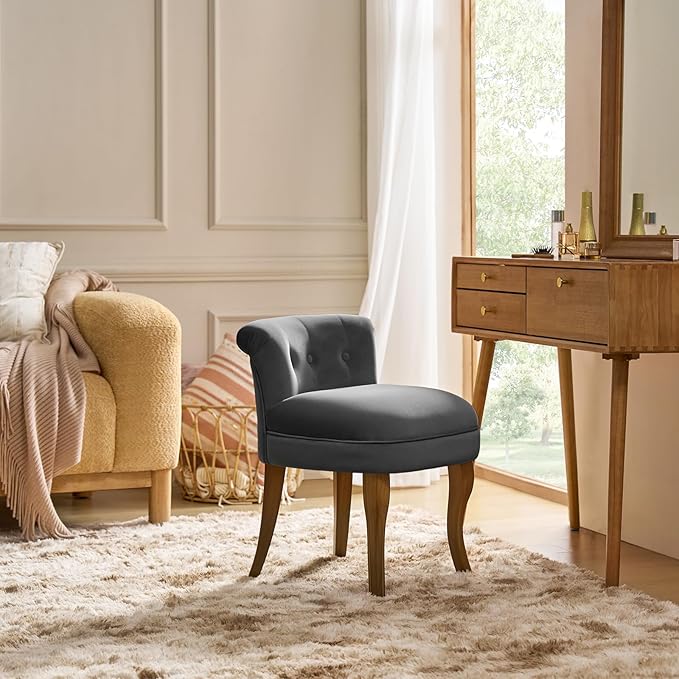 Modern Velvet Vanity Chair with with Solid Wood Legs Upholstered Vanity Stool with Low Back Small Makeup Chair Home Decor for Bedroom Living Room Dressing Table Women Girls