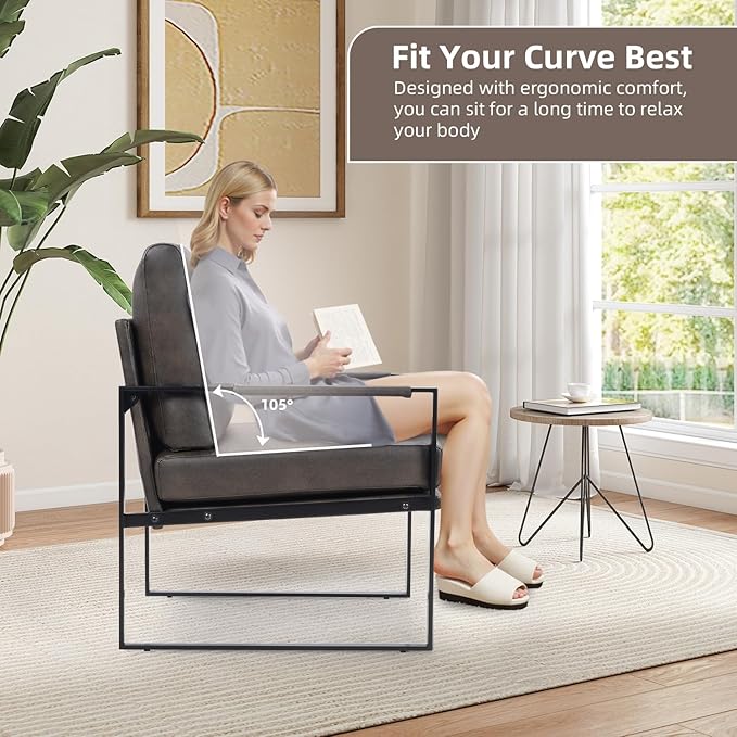 INZOY Mid Century Modern Accent Chair with Removable Cushions Set of 2 Comfy PU Leather Living Room Chairs with Thicker Backrest and Cushion Metal Frame Design Dark Grey