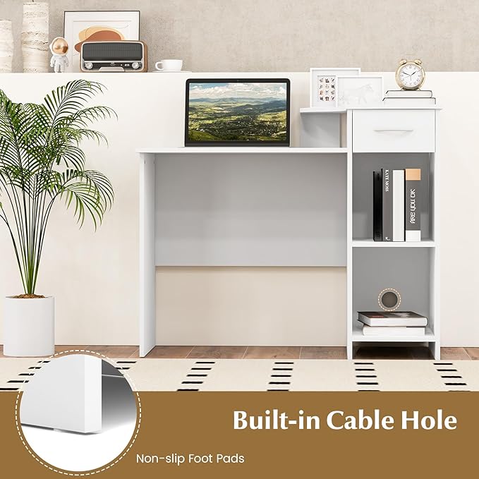 COSTWAY Computer Desk with Printer Shelf Modern PC Workstation with Storage Drawer and CPU Stand 40.5” Writing Desk with Cable Hole for Home Office/Dorms/Apartments White