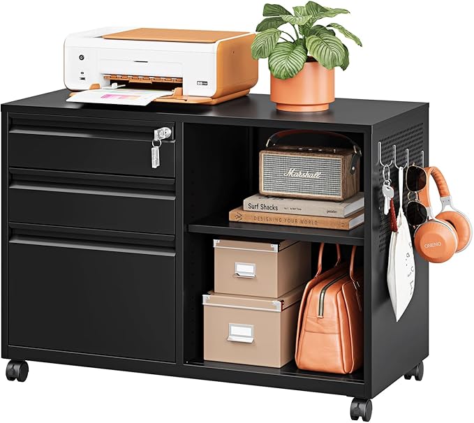 3 Drawer File Cabinet with LockMobile Lateral Filing Cabinet with Side Hook for Letters/Legal/A4 Metal Printer Stand Storage Cabinets with Shelves for Home Office(Black)