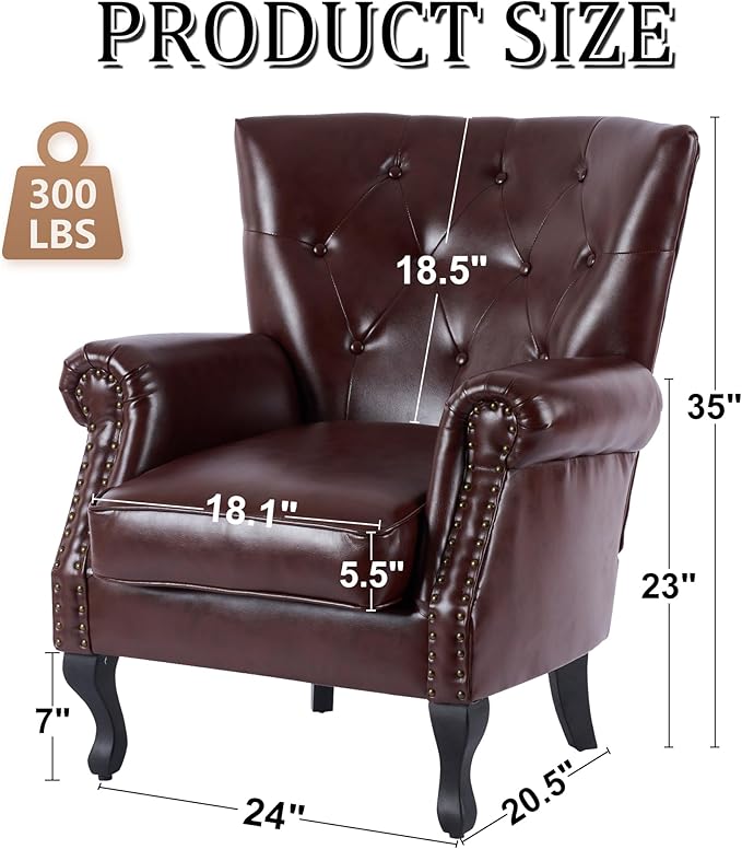 Modern Faux Leather Accent Chair Upholstered Mid-Century Armchair with Solid Wood Legs Single Sofa Chair for Living Room Bedroom or Reading Room（Reddish Brown）