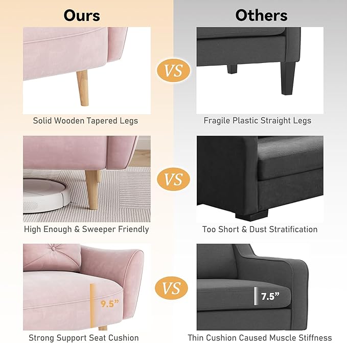 Brelice Loveseat Sofa 47 Velvet Couch for Bedroom Convertible Wooden Tray &amp Ergonomic Armrest for Small Space Apartment Living Room Home Office Easy Assembly Pink