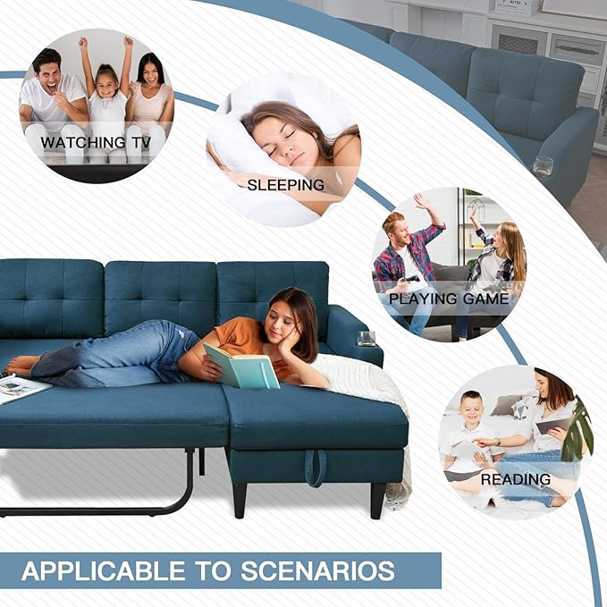 Convertible l Shape Sleeper Sofa Pull-Out Couch Bed with Storage Chaise Linen Upholstered Sectional Corner Apartment Couch with Side Pocket and Cup Holder Removable Backrest (Blue)