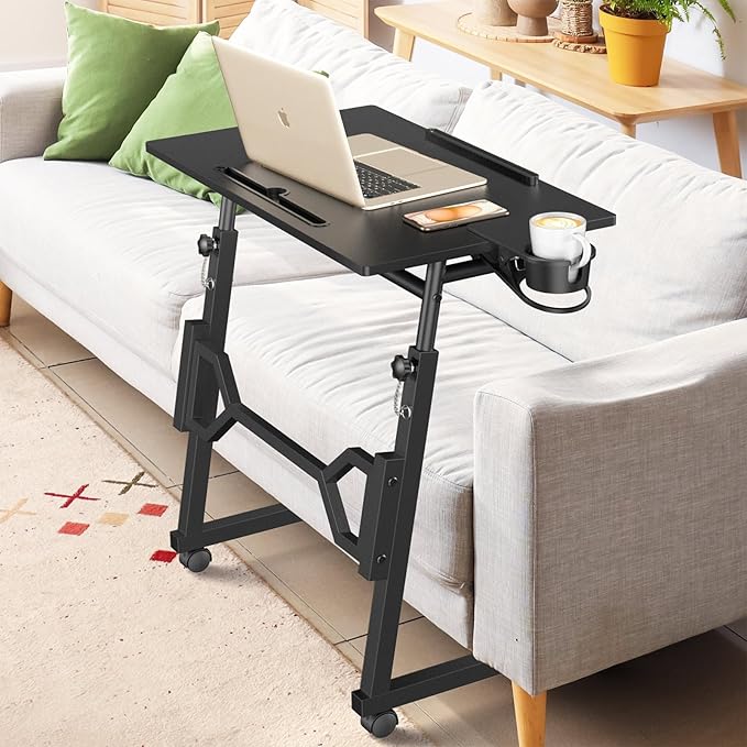 Small Standing Desk with Wheels Portable Treadmill Desk Rolling Desk Adjustable Height for Laptop Mobile Standing Table for Walking Pad Bedside Table
