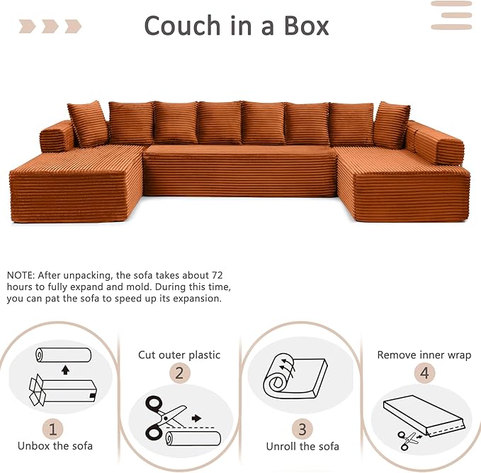 145 Cloud Couch Sectional Modular Sofa with Fixed-Shape Frame and Deep Seat Corduroy U Shaped Boneless Sofas Couch in a Box No Assembly Required Irange Couches for Living Room
