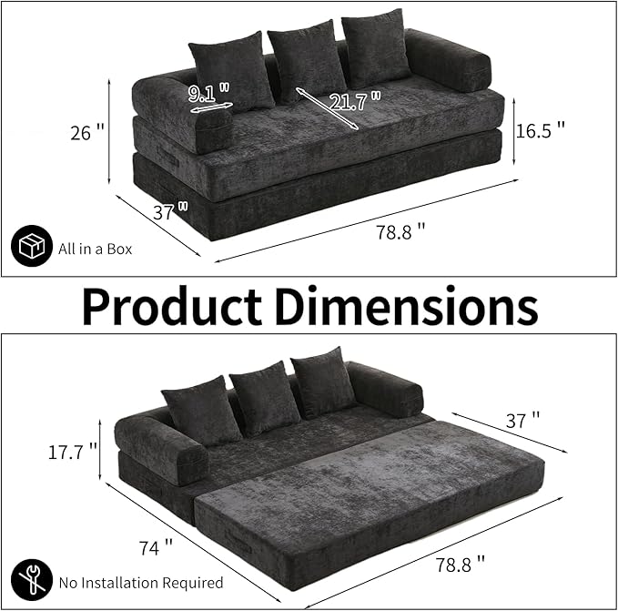Compression Sofa Convertible Sofa Bed Modular Couch with Pillow Comfy Chenille Fabric Couch with Memory Foam Lounge Floor Sofa for Living Room Bedroom (Black)