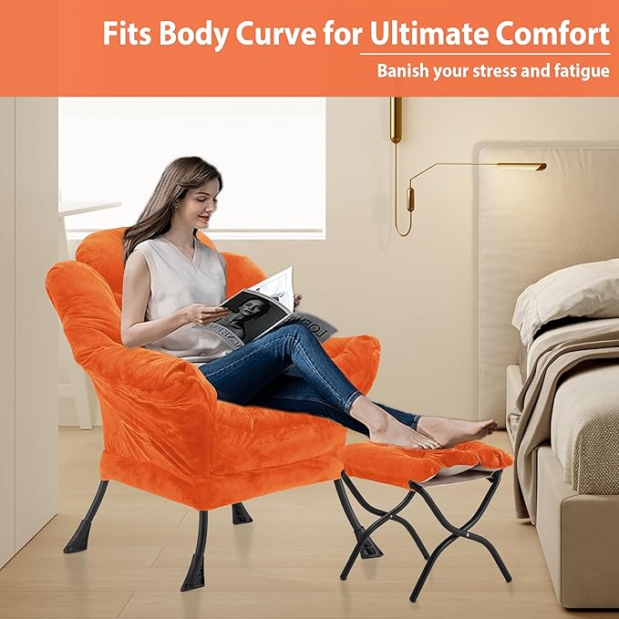 Lazy Chair with Folding Ottoman Accent Chair Plush Upholstered with Metal Structure and Non-Slip Pads Sofa Armchair with Footrest and Side Storage Bag for Dorm Room Office Orange