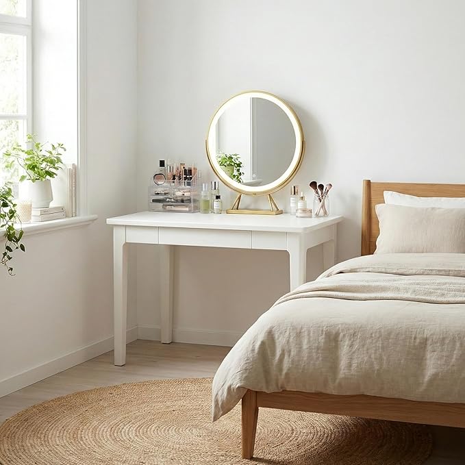 31 Minimalist Solid Rubberwood Desk with Metal Glide Drawers True White - Extra Deep 24 Makeup Vanity &amp Writing Table