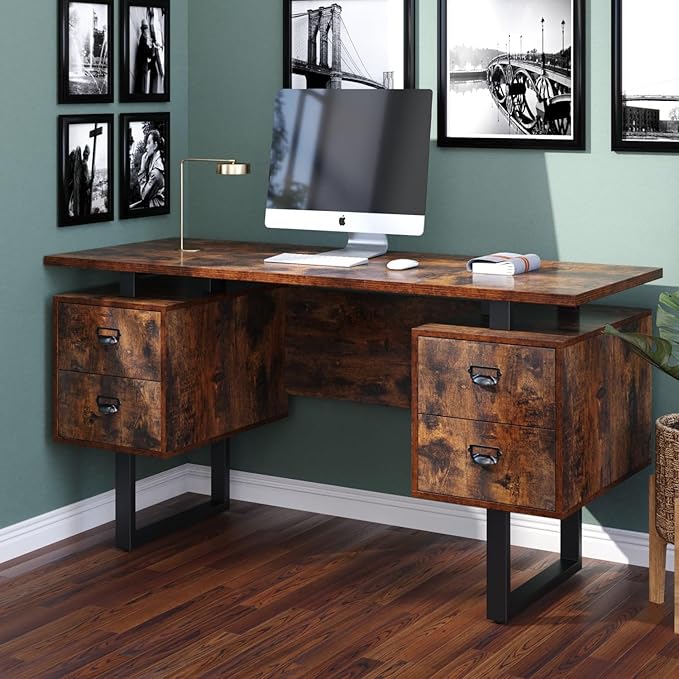Large Office Desk Computer Table with 4 Drawers for Home Office 59 Study Writing Desk Workstation with Storage and Metal U Legs for Living Room Office Rustic Brown CTSZ20401RC