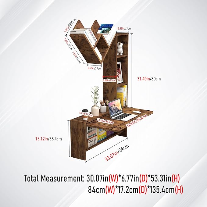 Folding Wall Mounted Drop Leaf Table Foldable Desk with Moveable Cabinets Floating Laptop with Convertible Storage Shelves Multifunctional Computer Workstation in Home for Space Saving